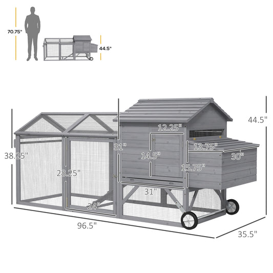 PawHut 96.5" Chicken Coop Wooden Hen House Poultry Cage Pen Portable with Wheels and Nesting Box, Chicken Cage for Backyard Outdoor, Gray