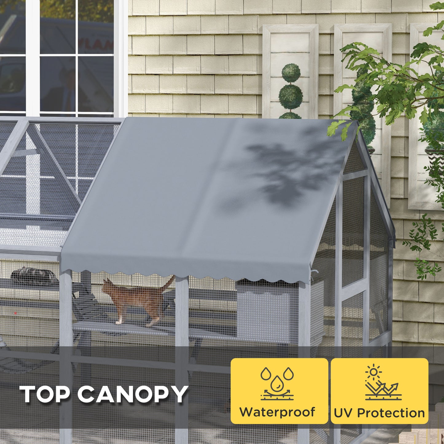 PawHut Wooden Catio Outdoor Cat Enclosure with Waterproof Cover, 2 Condos, 6 Platforms, Bridge, Doors, Gray