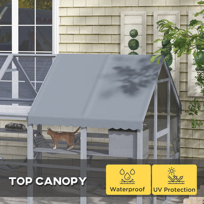 PawHut Wooden Catio Outdoor Cat Enclosure with Waterproof Cover, 2 Condos, 6 Platforms, Bridge, Doors, Gray
