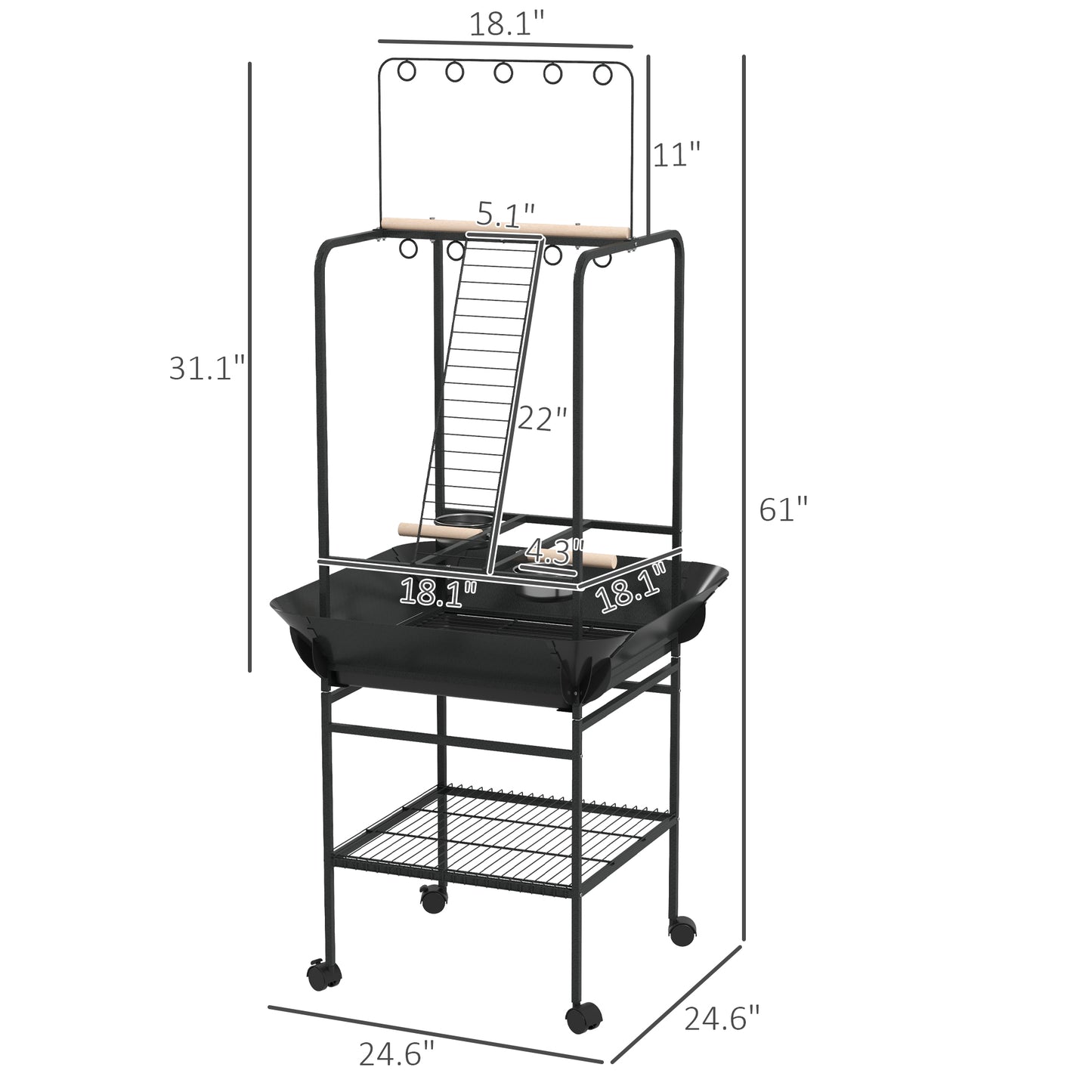PawHut Bird Stand with Wheels, Perches, Stainless Steel Feed Bowls, Pull-Out Tray for Indoor Outdoor Small Parrot, Dark Gray