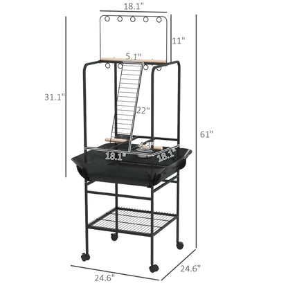 PawHut Bird Stand with Wheels, Perches, Stainless Steel Feed Bowls, Pull-Out Tray for Indoor Outdoor Small Parrot, Dark Gray