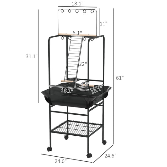 PawHut Bird Stand with Wheels, Perches, Stainless Steel Feed Bowls, Pull-Out Tray for Indoor Outdoor Small Parrot, Dark Gray