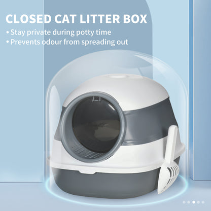 PawHut Dome Covered Cat Litter Box with Lid, White and Gray