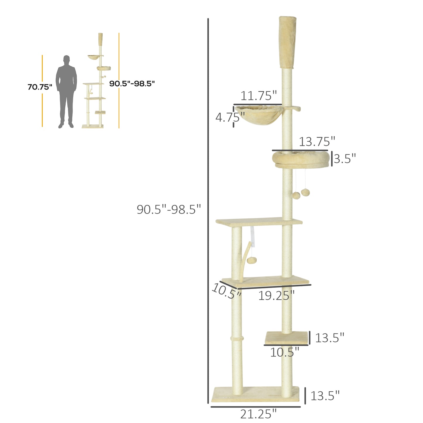 PawHut Floor to Ceiling Cat Tree, Cat Climbing Tower with Platforms, Bed, Hammock, Scratching Posts, Toy Balls, Beige