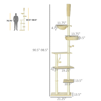 PawHut Floor to Ceiling Cat Tree, Cat Climbing Tower with Platforms, Bed, Hammock, Scratching Posts, Toy Balls, Beige