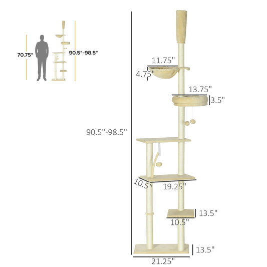 PawHut Floor to Ceiling Cat Tree, Cat Climbing Tower with Platforms, Bed, Hammock, Scratching Posts, Toy Balls, Beige