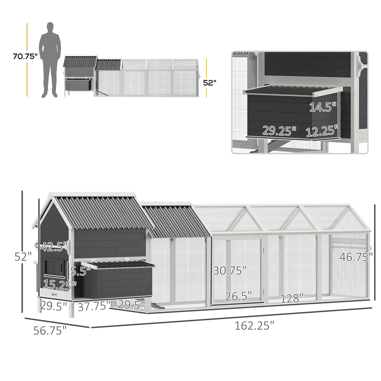 PawHut 162" Large Chicken Coop Wooden for 6-8 Chickens with Handles, Outdoor Chicken Cage Hen House with 2 Nesting Boxes, Water-resistant Roof, Removable Tray, Ramp, Storm Gray