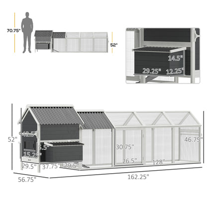 PawHut 162" Large Chicken Coop Wooden for 6-8 Chickens with Handles, Outdoor Chicken Cage Hen House with 2 Nesting Boxes, Water-resistant Roof, Removable Tray, Ramp, Storm Gray