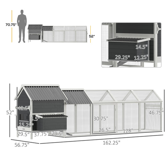 PawHut 162" Large Chicken Coop Wooden for 6-8 Chickens with Handles, Outdoor Chicken Cage Hen House with 2 Nesting Boxes, Water-resistant Roof, Removable Tray, Ramp, Storm Gray