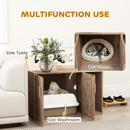 PawHut Cat Litter Box Enclosure with Scratching Board, Cat Washroom End Side Table, 31.5" x 19" x 20", Walnut Brown