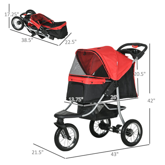 PawHut Luxury One-click Folding Pet Stroller Dog/Cat Travel Carriage with Wheels Adjustable Canopy Zippered Mesh Window Door Red and Black