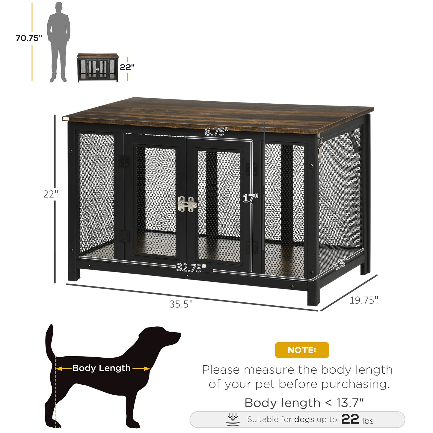 PawHut Furniture Style Dog Crate with Openable Top, Big Dog Crate End Table, Puppy Crate for Small Dogs Indoor, Spacious Interior, Pet Kennel, Brown, Black