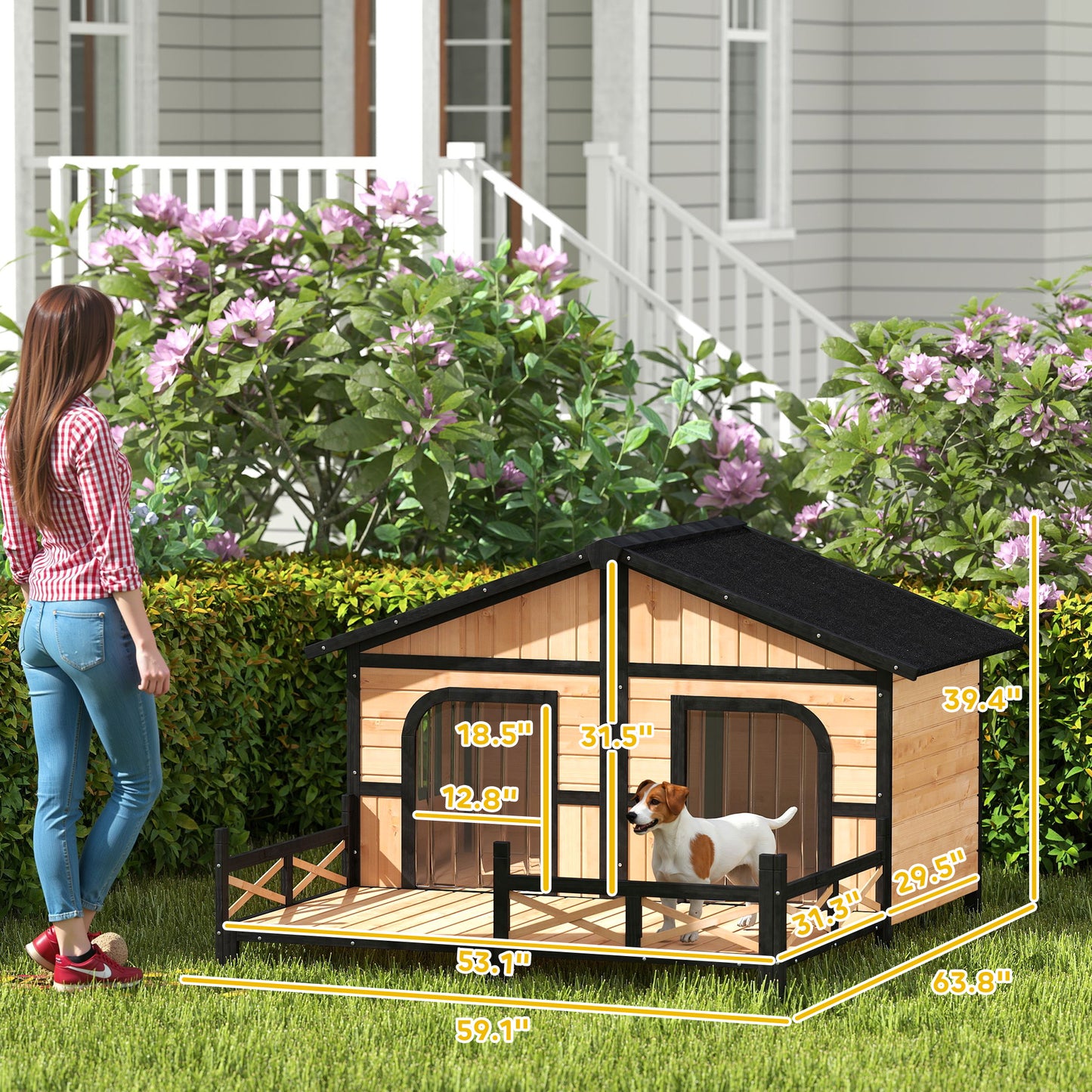 PawHut Dog House Outdoor, Wooden Dog Kennel Weatherproof with Porch, Openable Roof, Removable Bottom, Elevated Floor, Double Room for 2 Small to Medium Breeds, Natural