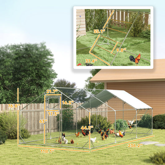 PawHut Metal Chicken Run w/ Waterproof & Anti-UV Cover, Feeding Door, Hanging Feeder, for 18-24 Chickens, 9.8' x 19.7' x 6.4'
