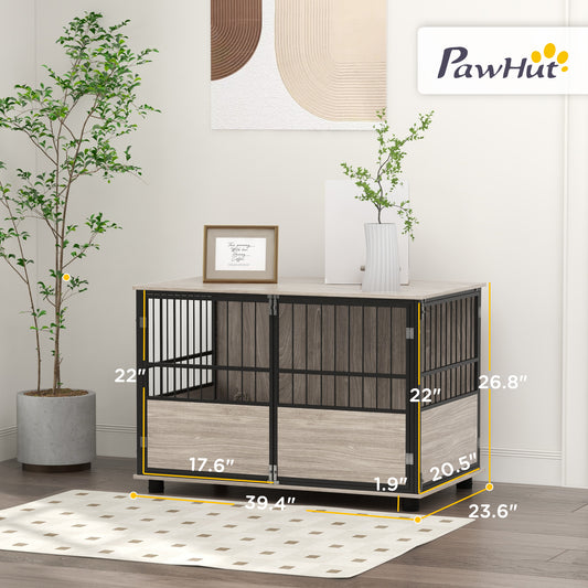 PawHut 39.5" Furniture Style Dog Crate End Table w/ 3 Doors for Small to Large Dogs, Walnut Finish