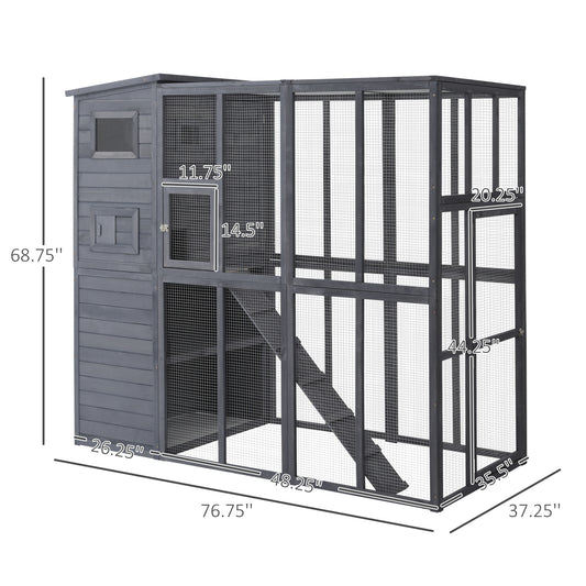 PawHut Wooden Outdoor Catio with Platforms, Asphalt Roof, Ramps, Gray