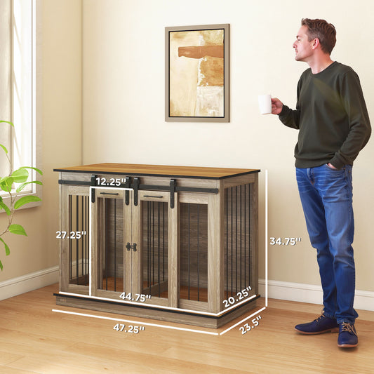 PawHut Dog Crate, Dog Cage End Table with Divider Panel, Dog Crate Furniture for Large Dog and 2 Small Dogs, Oak