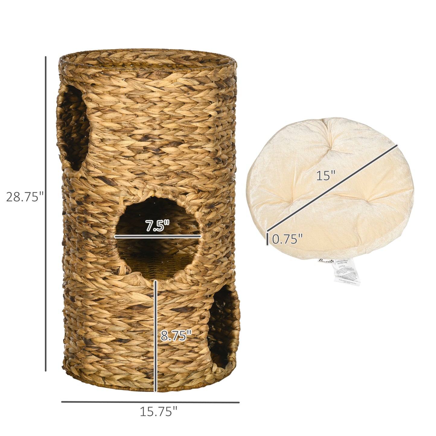 PawHut Elevated Cat Bed with Three Hideaways & Four Soft Plush Cushions, Cat Tower with Hand-Woven Materials, Multi-Layer Raised Kitten Bed Caves