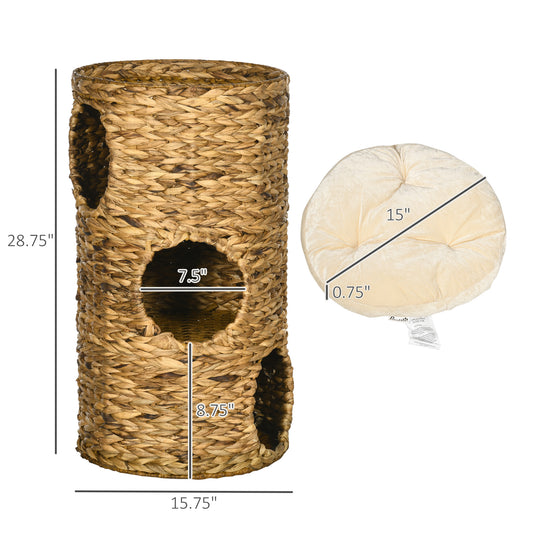 PawHut Elevated Cat Bed with Three Hideaways & Four Soft Plush Cushions, Cat Tower with Hand-Woven Materials, Multi-Layer Raised Kitten Bed Caves