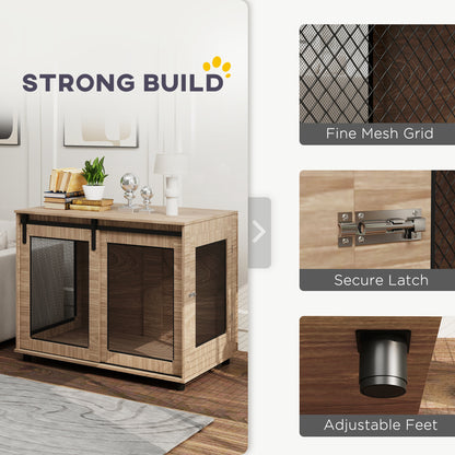 PawHut 39" Dog Crate Furniture, Dog Kennel Furniture End Table with Sliding Barn Door for Large Dogs, Walnut Brown