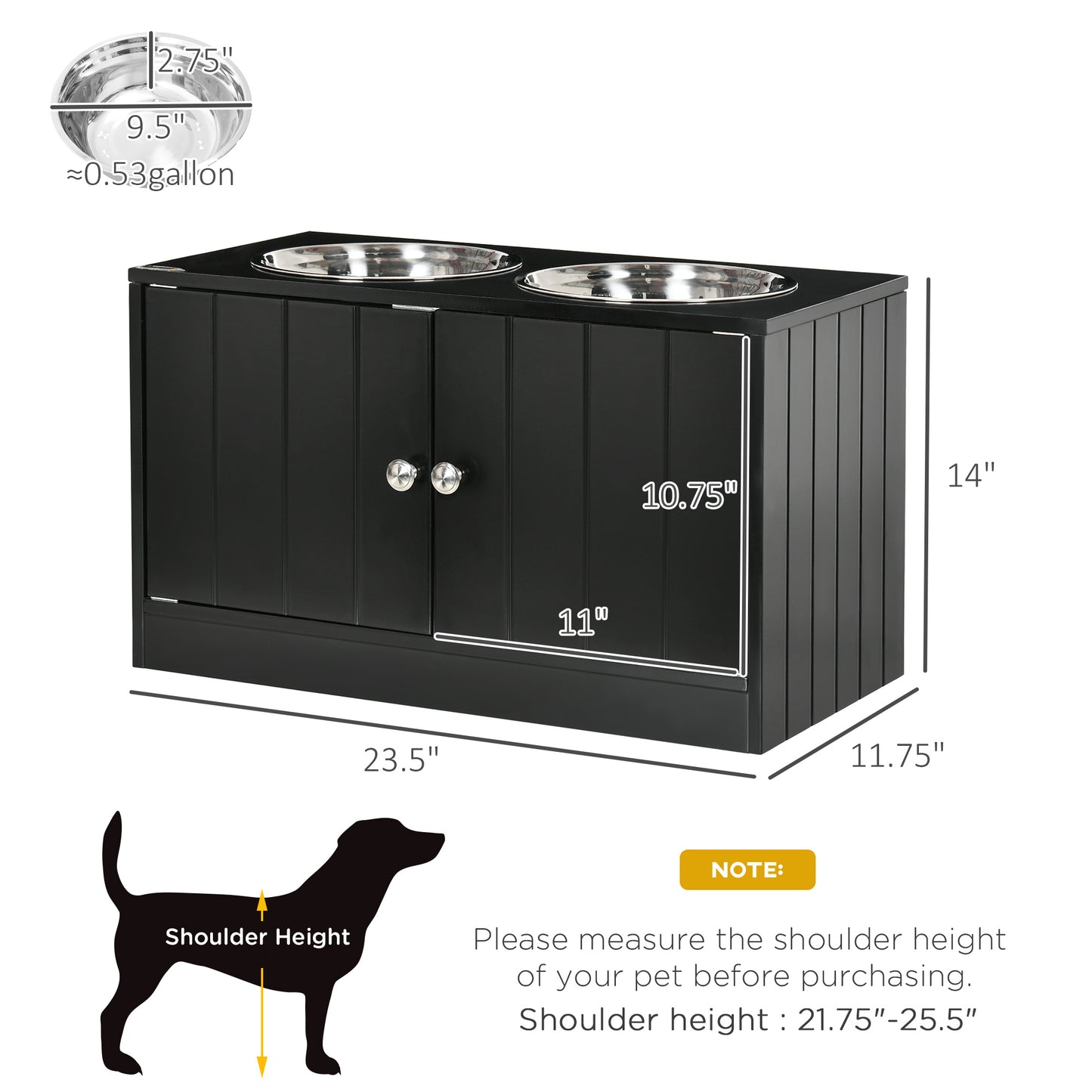 PawHut Large Elevated Dog Bowls with Storage Cabinet Containing Large 44L Capacity, Raised Dog Bowl Stand Pet Food Bowl Dog Feeding Station, Black
