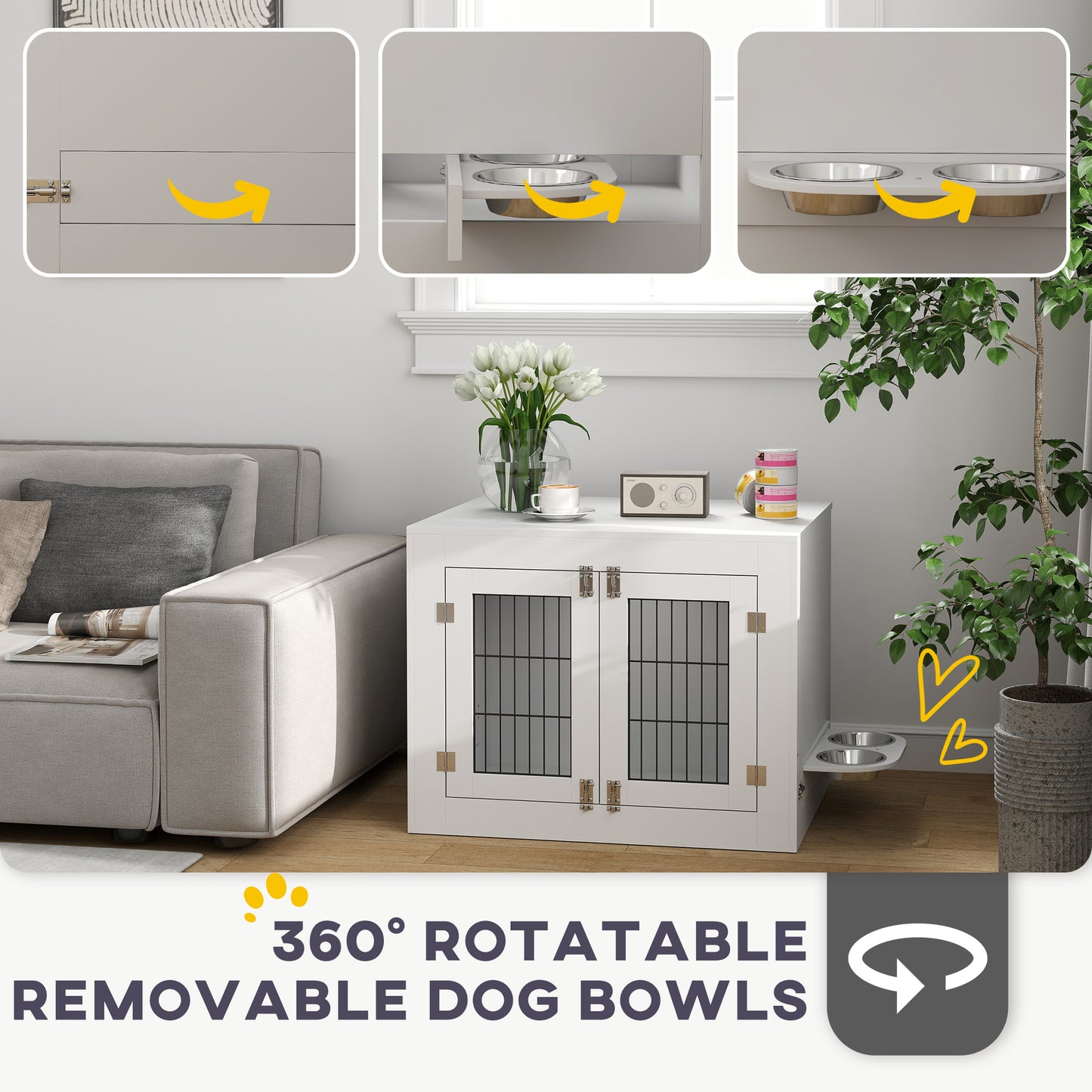 PawHut Dog Crate Furniture with 360° Rotatable Removable Dog Bowls, Dog Kennel Furniture for Medium Dogs, White