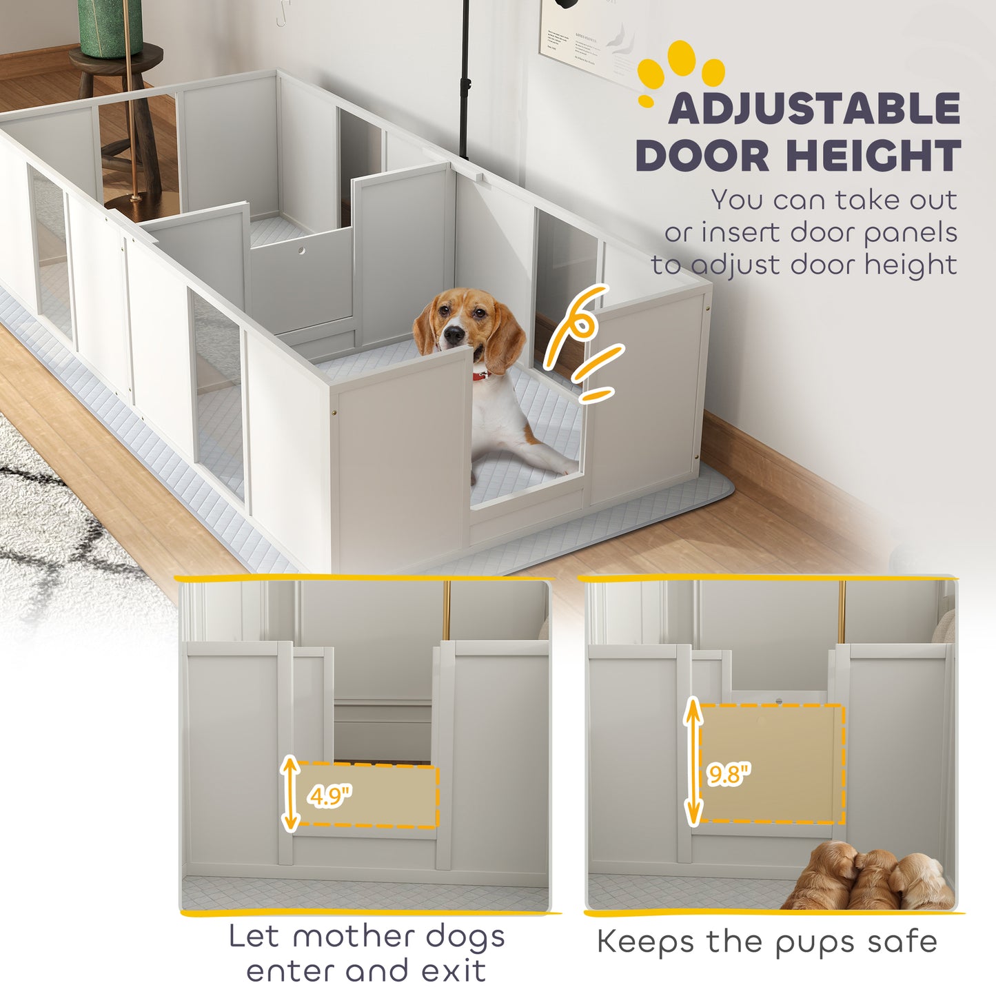 PawHut Whelping Box for Dogs w/ Retractable Light Stand, Waterproof Pee Pad & Adjustable Height Door for Medium Breed Dogs
