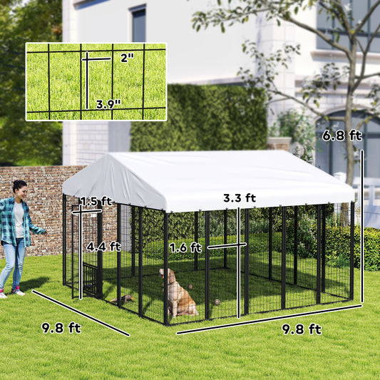 PawHut Welded Wire Outdoor Dog Kennel with 360° Rotating & 4 Levels Adjustable Bowls, Waterproof Cover, 9.8' x 9.8' x 6.8'