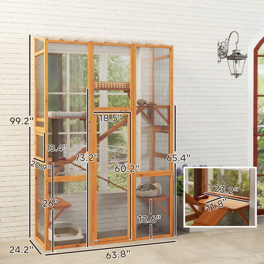 PawHut Outdoor Catio Cat Enclosure, Large Wooden Cat House with 6 Jumping Platforms, Scratching Post, 2 Ramps, for 2-3 Kittens