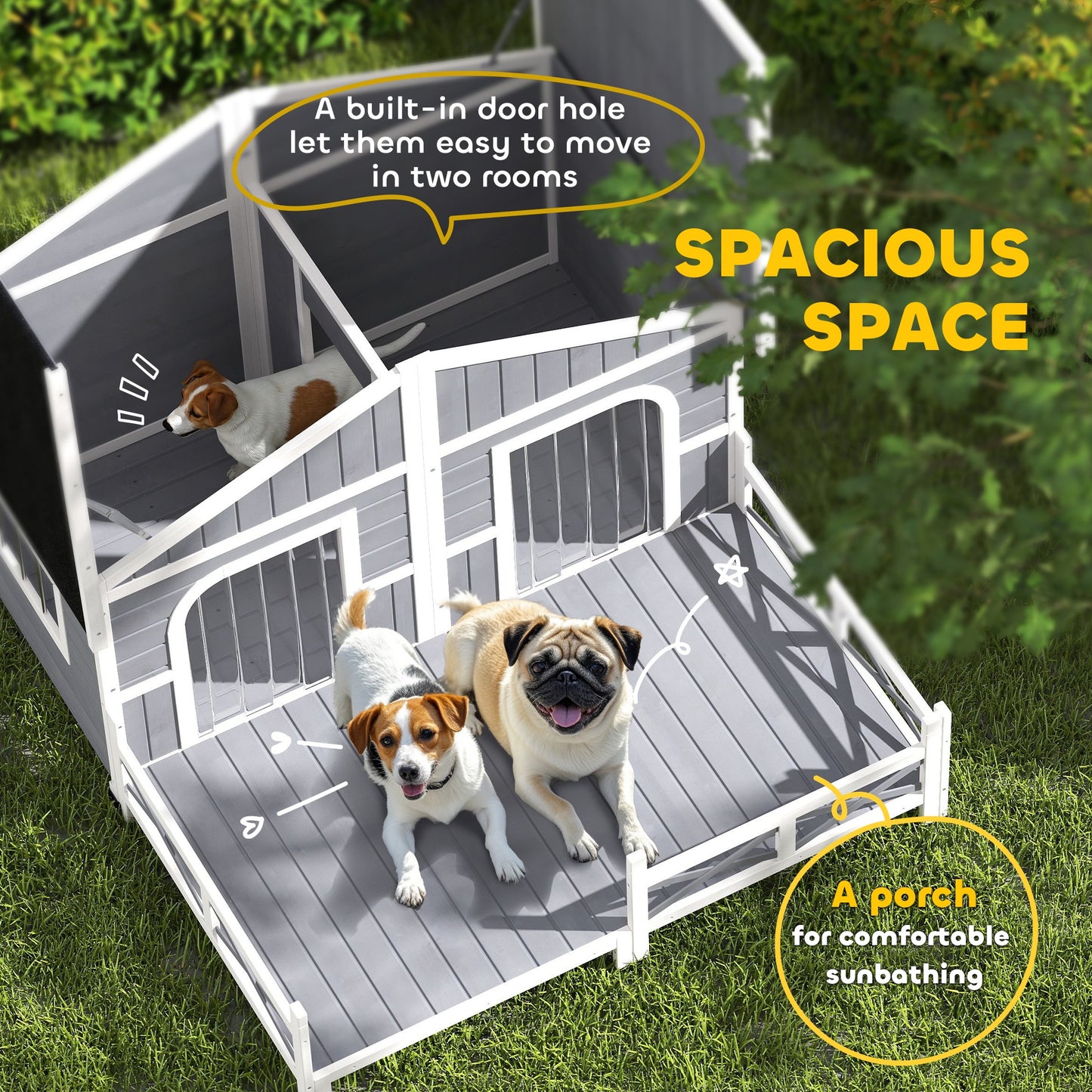 PawHut Dog House Outdoor, Wooden Dog Kennel Weatherproof with Porch, Openable Roof, Removable Bottom, Elevated Floor, Double Room for 2 Small to Medium Breeds, Gray