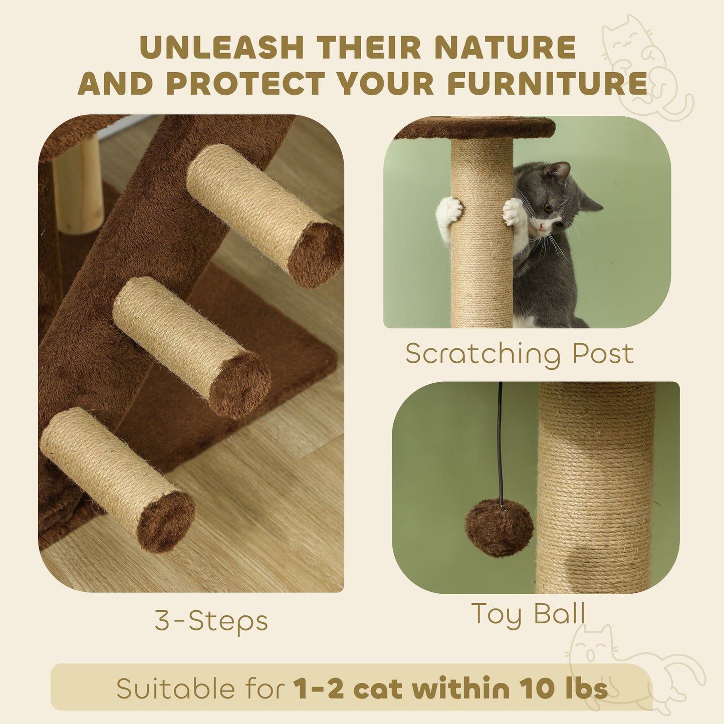 PawHut 89"-104" Floor to Ceiling Cat Tree with Cat Condo, Scratching Posts, 3-Steps, Perches, Hanging Ball & Anti-Tip Kit Brown