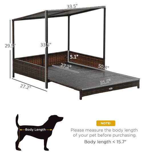 PawHut Outdoor Dog Bed, Extendable Wicker Dog Bed with Roof, Soft Cushion for Small and Medium Dogs, Mixed-Brown