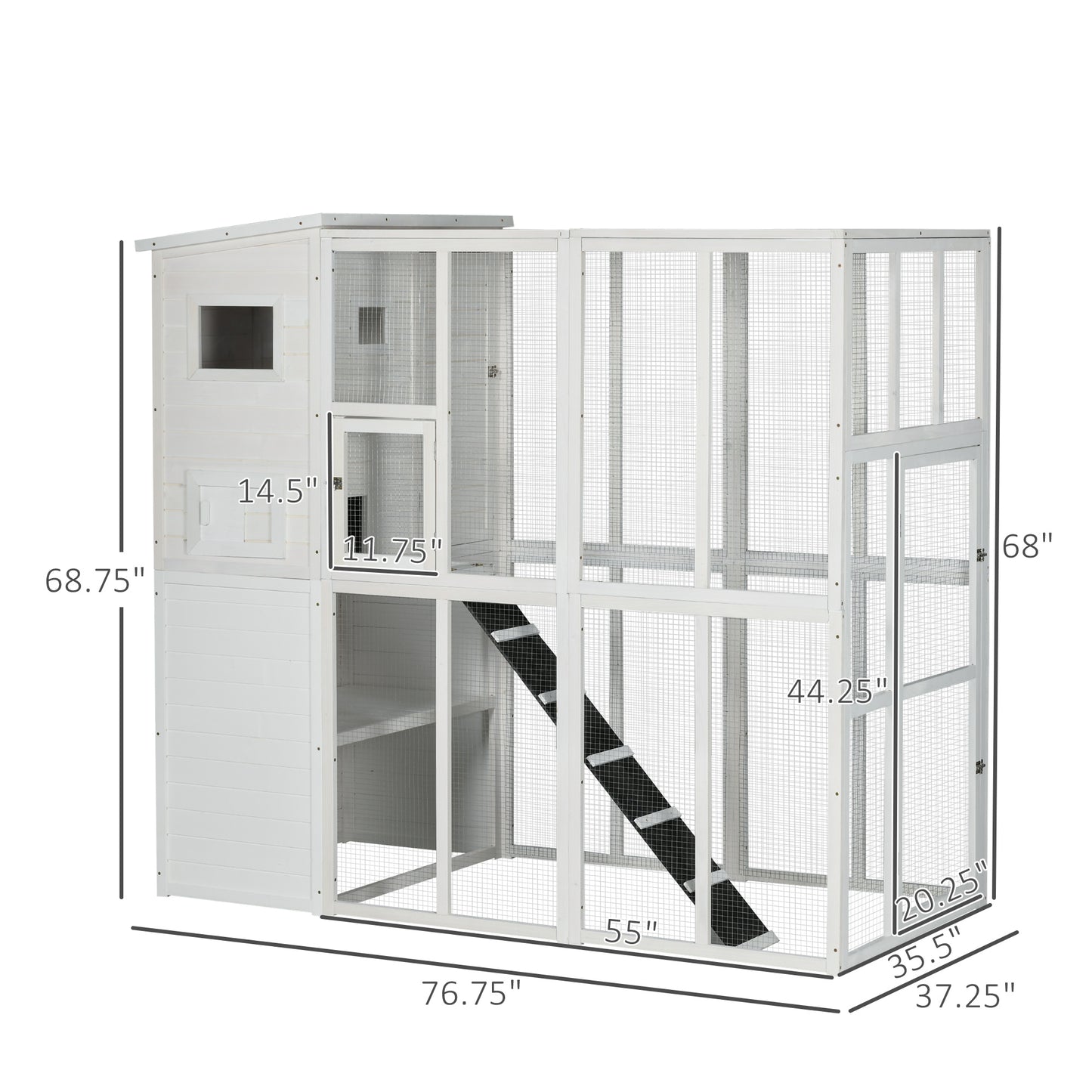 PawHut Wooden Outdoor Catio with Platforms, Asphalt Roof, Ramps, White