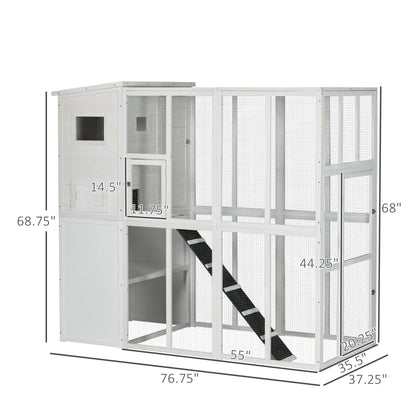 PawHut Wooden Outdoor Catio with Platforms, Asphalt Roof, Ramps, White