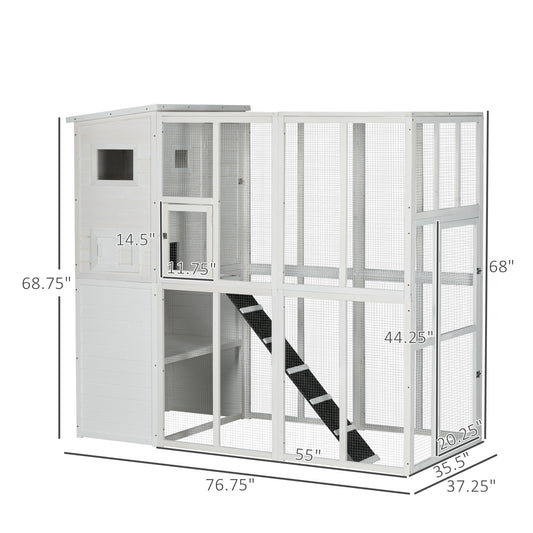 PawHut Wooden Outdoor Catio with Platforms, Asphalt Roof, Ramps, White