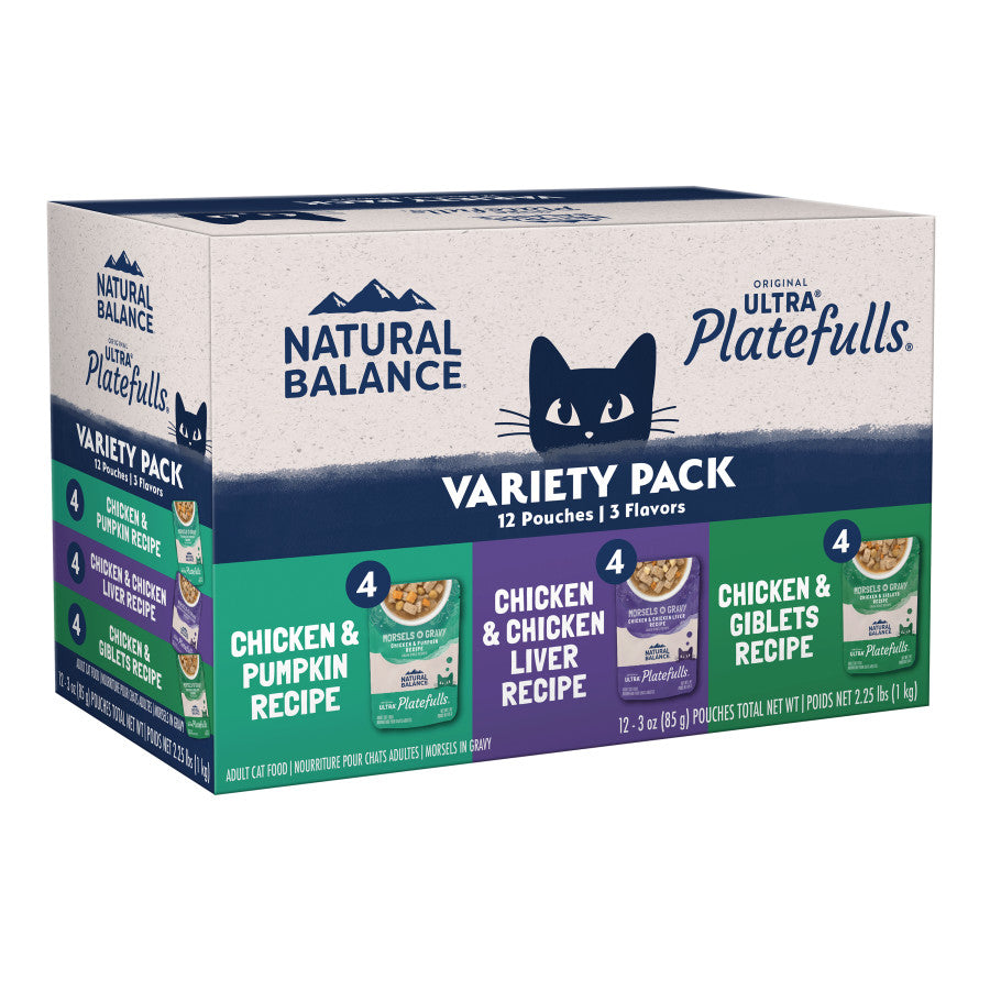Natural Balance Pet Foods Original Ultra Platefulls Morsels in Gravy Wet Cat Food Pouch Variety Pack (Chicken & Pumpkin, Chicken & Liver, Chicken & Giblets), 2ea/3 oz
