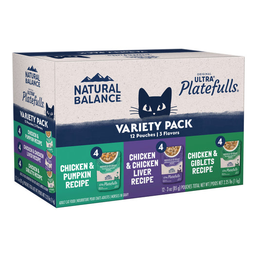 Natural Balance Pet Foods Original Ultra Platefulls Morsels in Gravy Wet Cat Food Pouch Variety Pack (Chicken & Pumpkin, Chicken & Liver, Chicken & Giblets), 2ea/3 oz