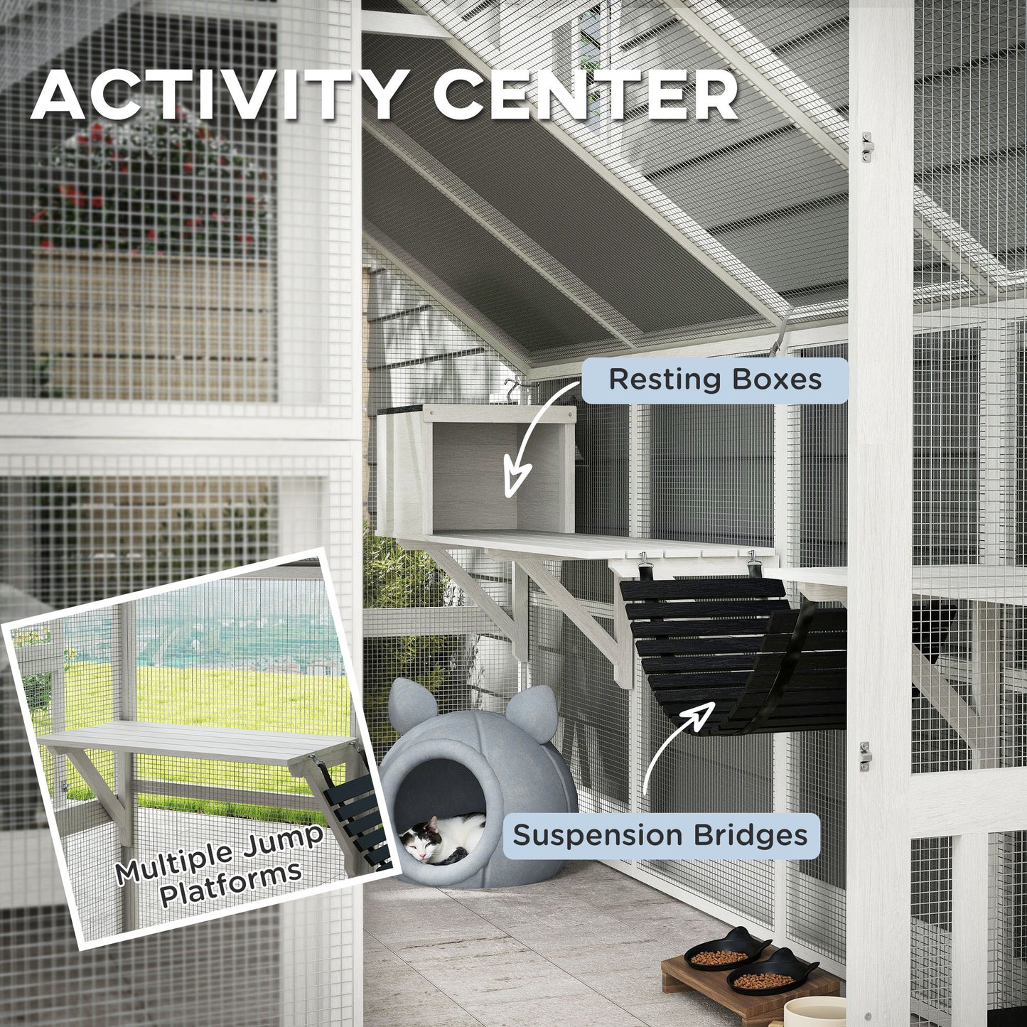 PawHut Wooden Catio Outdoor Cat Enclosure with Waterproof Cover, 2 Condos, 6 Platforms, Bridge, Doors, White