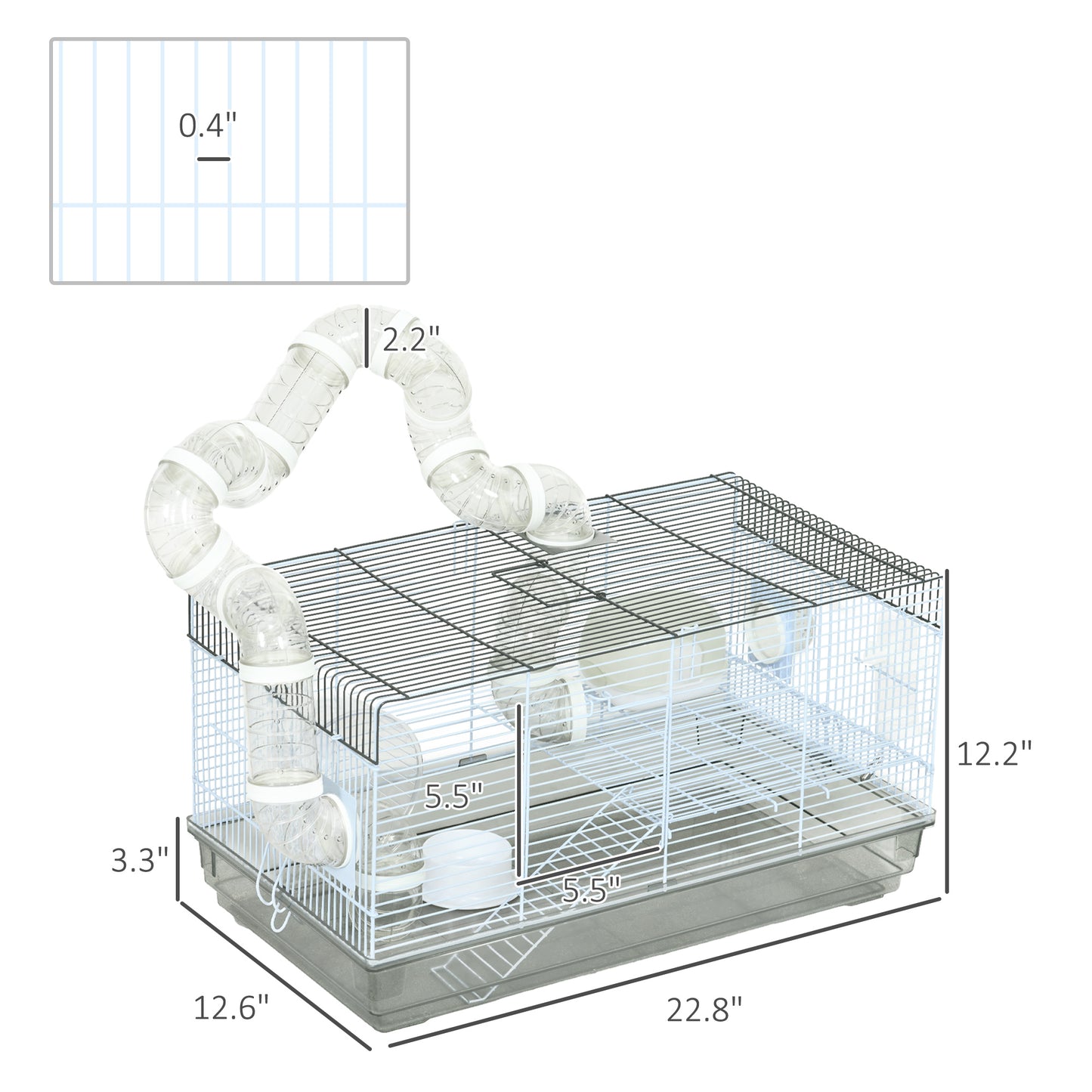 PawHut Small Animal Cage for Gerbil or Dwarf Hamster w/ Tubes, Exercise Wheel, Food Dish, Water Bottle, 23" x 13" x 12", Gray