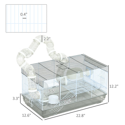 PawHut Small Animal Cage for Gerbil or Dwarf Hamster w/ Tubes, Exercise Wheel, Food Dish, Water Bottle, 23" x 13" x 12", Gray