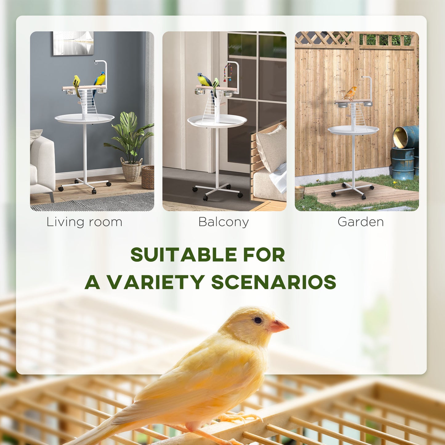 PawHut Bird Stand with Wheels, Perches, Feed Bowls, Round Tray for Parrot