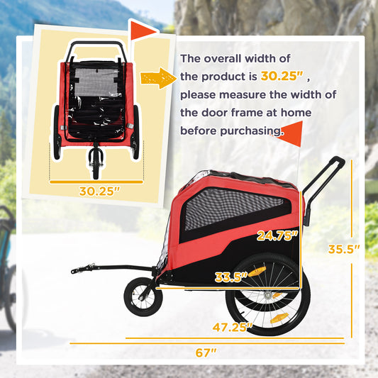 2-in-1 Dog Bike Trailer Pet Stroller Carrier for Large Dogs with Hitch, Quick-release Wheels, Foot Support, Pet Bicycle Cart Wagon Cargo for Travel, Red