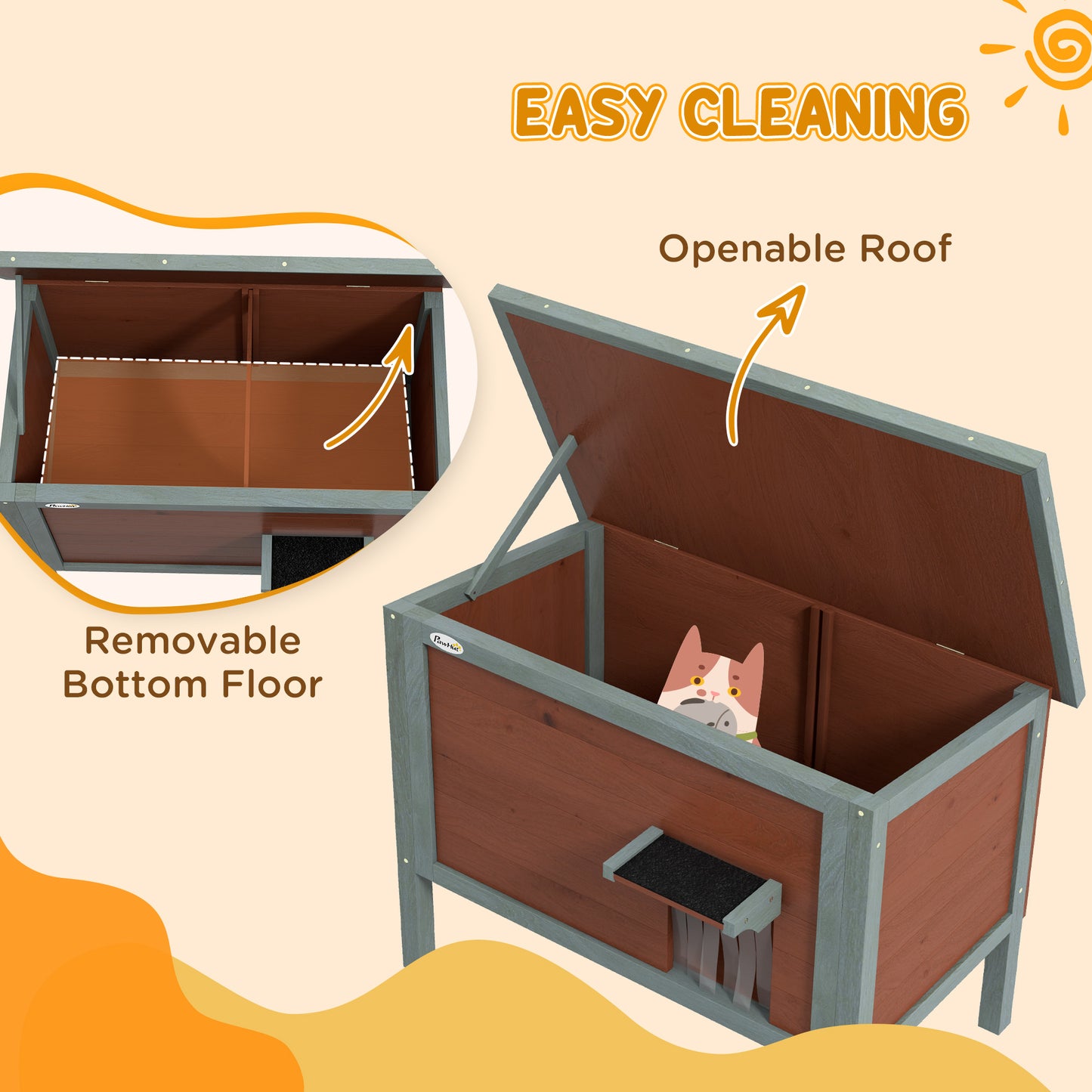 PawHut Outdoor Cat House, Wooden Feral Cat House w/ Removable Floor, Brown