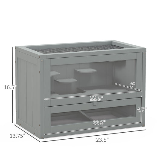 PawHut 2-Level Hamster Cage with Openable Top, Door, Shelf, Ladder, Gray