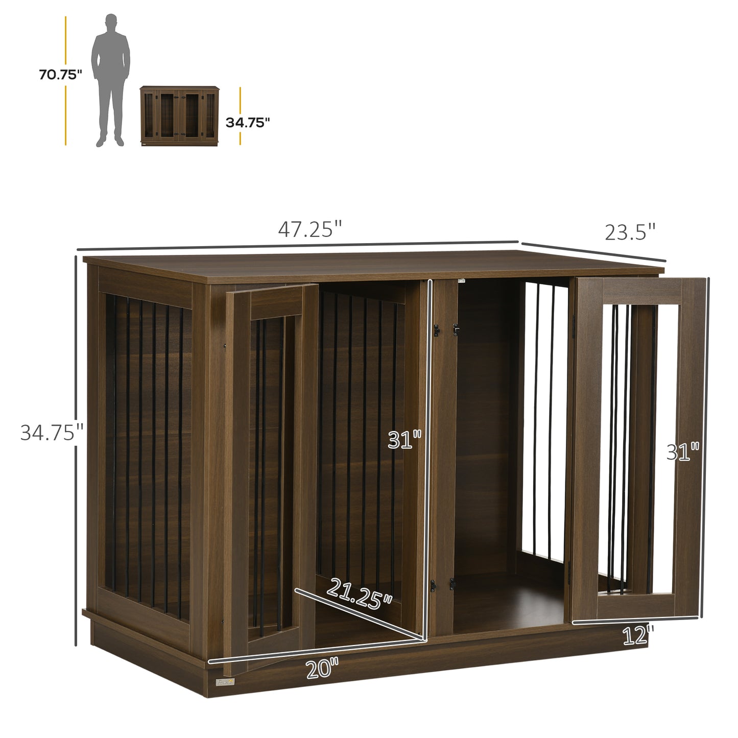 PawHut Furniture Style Dog Crate with Removable Divider, Dog Crate Side End Table Indoor with Double Doors, for Small to Large Dogs, 47" x 23.5" x 35", Walnut