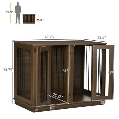 PawHut Furniture Style Dog Crate with Removable Divider, Dog Crate Side End Table Indoor with Double Doors, for Small to Large Dogs, 47" x 23.5" x 35", Walnut