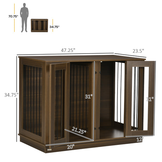 PawHut Furniture Style Dog Crate with Removable Divider, Dog Crate Side End Table Indoor with Double Doors, for Small to Large Dogs, 47" x 23.5" x 35", Walnut