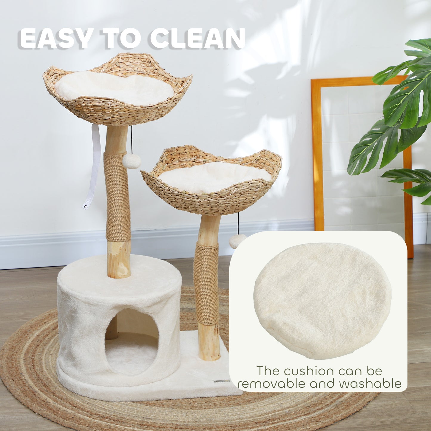 PawHut 37 Inch Modern Cat Tree w/ Wooden Scratching Posts, Condo, Beds, Cushions, Toy Balls & Anti-Tip Kit
