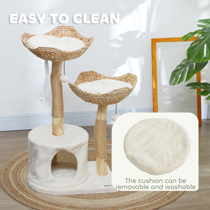PawHut 37 Inch Modern Cat Tree w/ Wooden Scratching Posts, Condo, Beds, Cushions, Toy Balls & Anti-Tip Kit