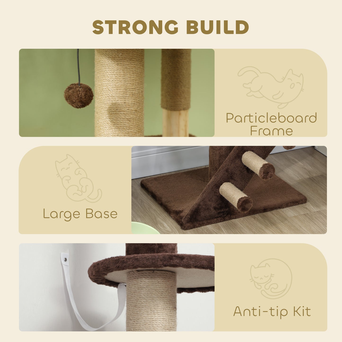 PawHut 89"-104" Floor to Ceiling Cat Tree with Cat Condo, Scratching Posts, 3-Steps, Perches, Hanging Ball & Anti-Tip Kit Brown